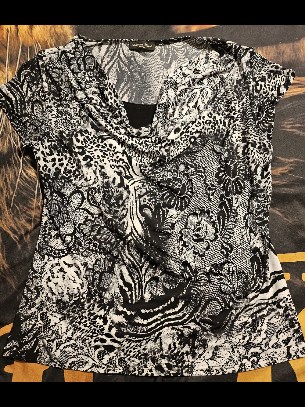 Brittany Black Black & White Printed Cowl Neck Short Sleeve Top